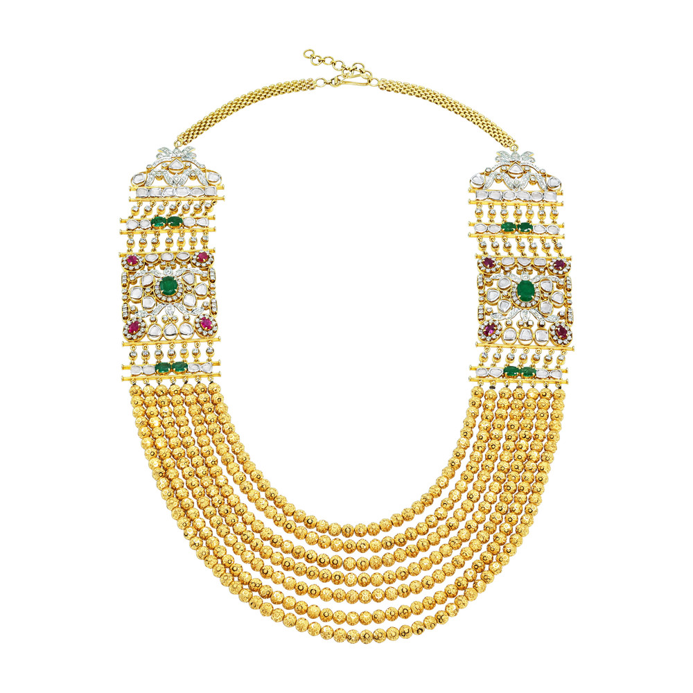 Layered Polki Necklace Set with Emeralds, Rubies, and Drops